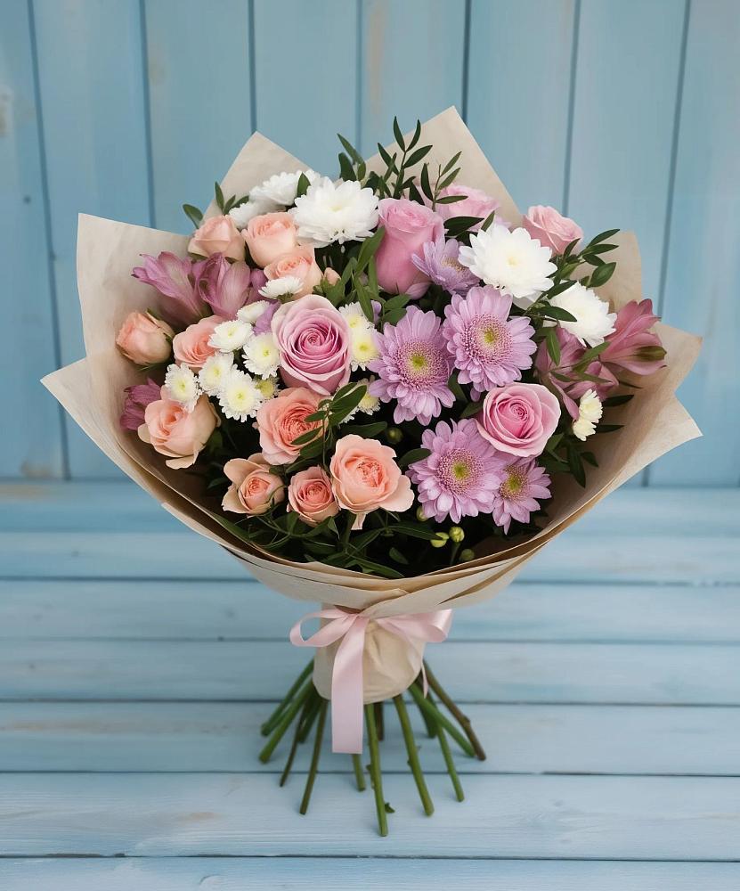 Букет цветов из: Хризантемы, Розы и Альстромерии в Садовое