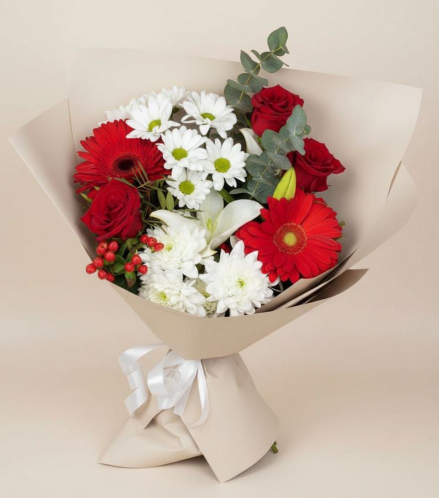 Букет цветов из: Розы, Хризантемы, Герберы и Лилии в Садовое