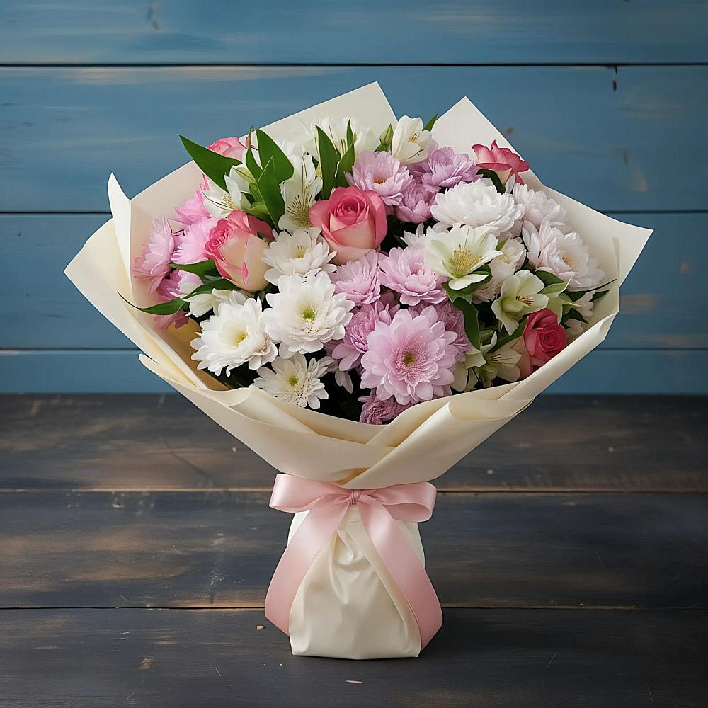 Букет цветов из: Хризантемы, Альстромерии и Розы в Садовое